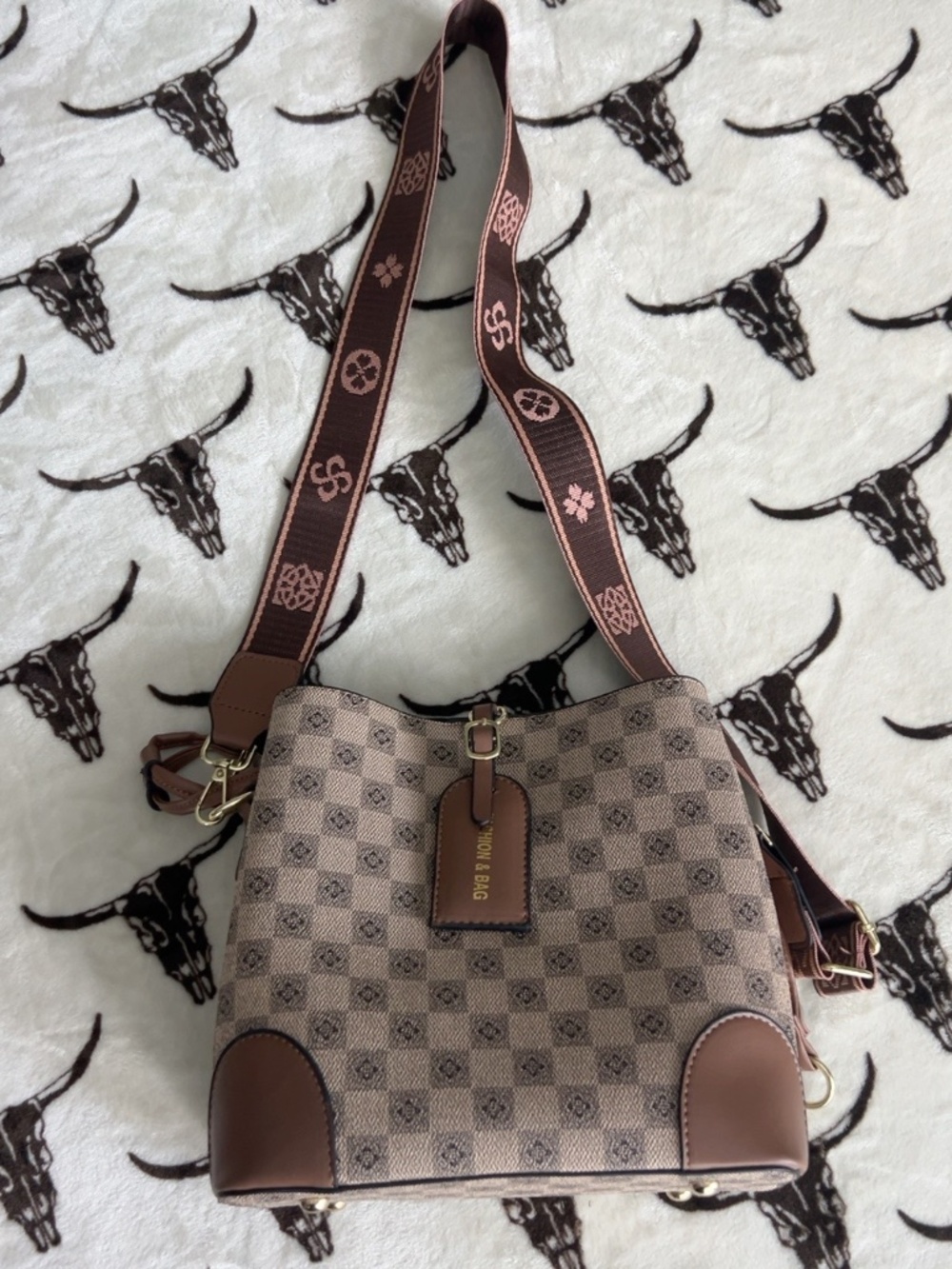 Brown Checkered Bucket Crossbody Bag Wide Strap Gold Hardware